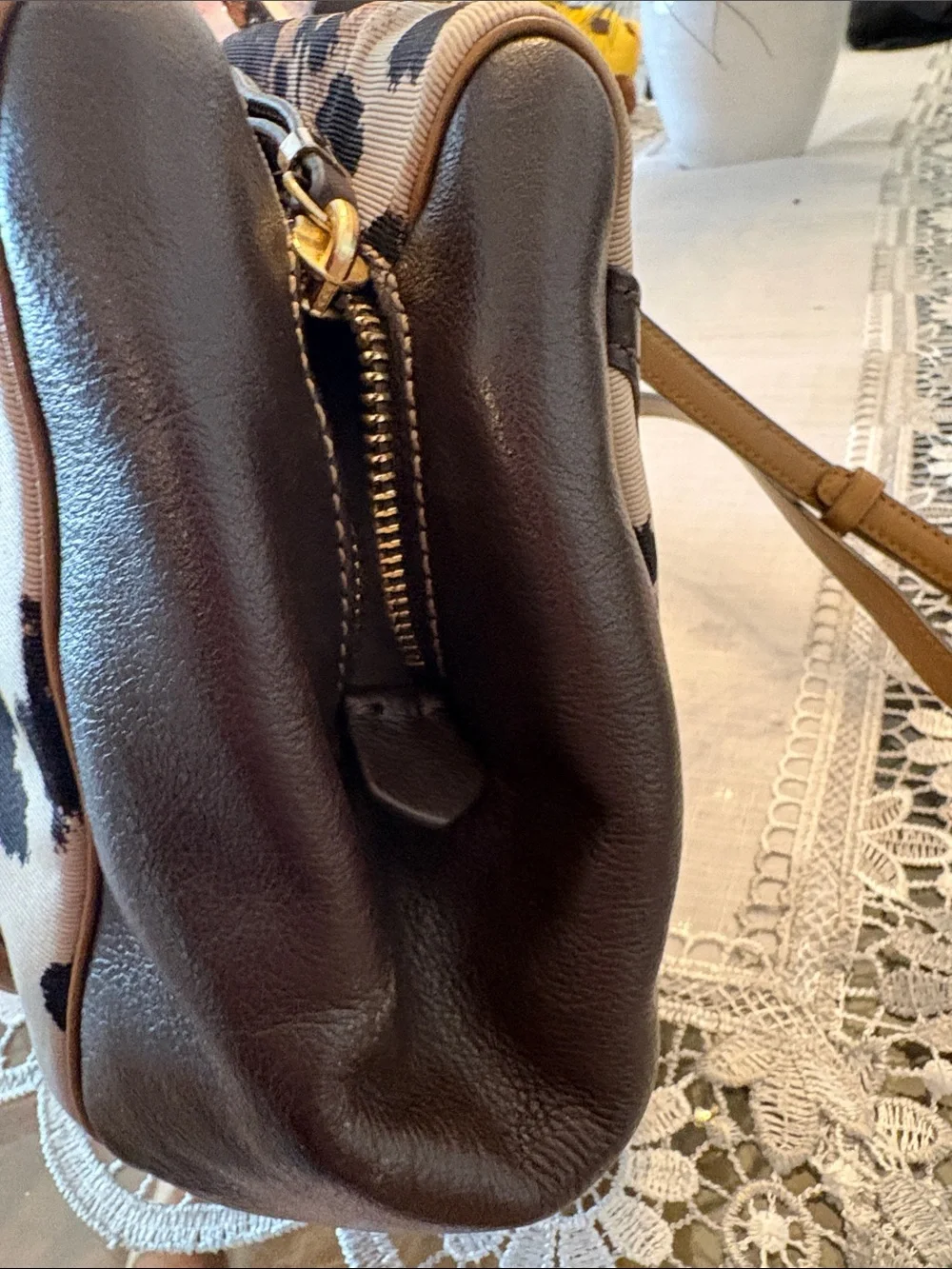 Coach Leopard-Print Canvas Satchel in Black and Brown with Gold Hardware